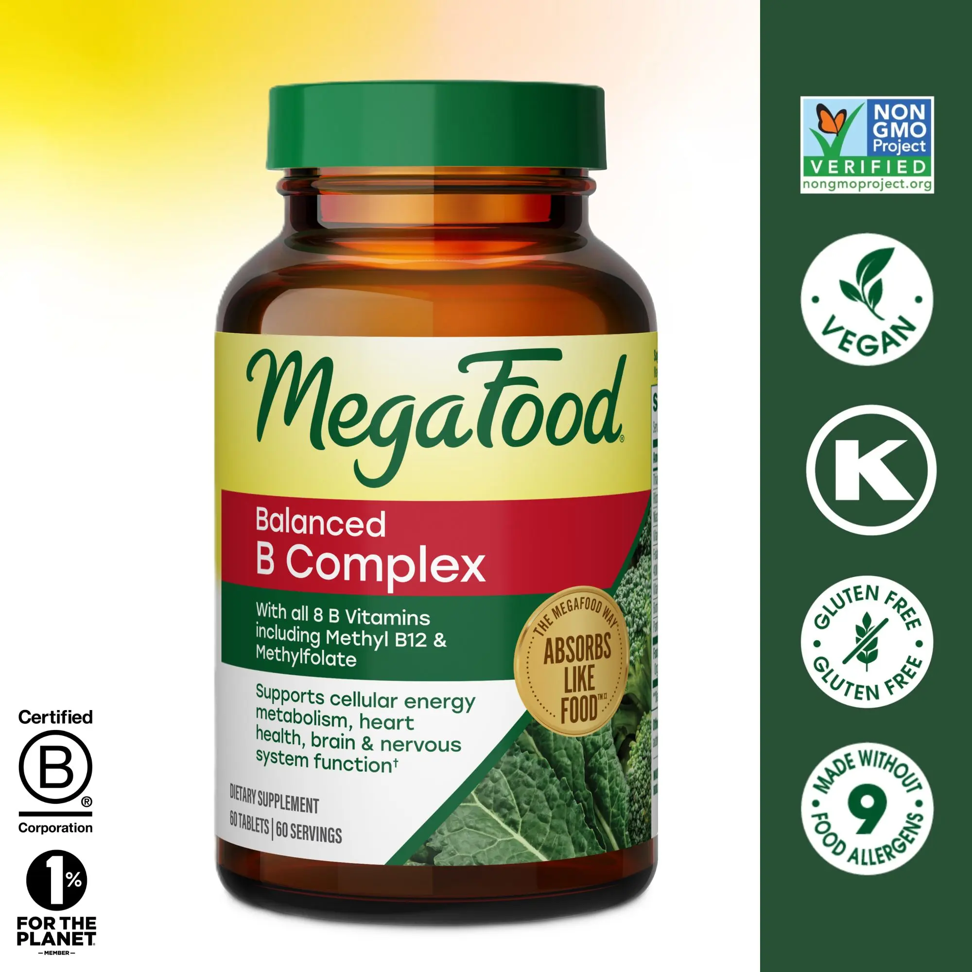 MegaFood Balanced B Complex Supplement for Overall Wellbeing, Includes Methyl Folate & Methyl B12 Blueberry Lutein Ester Dietary