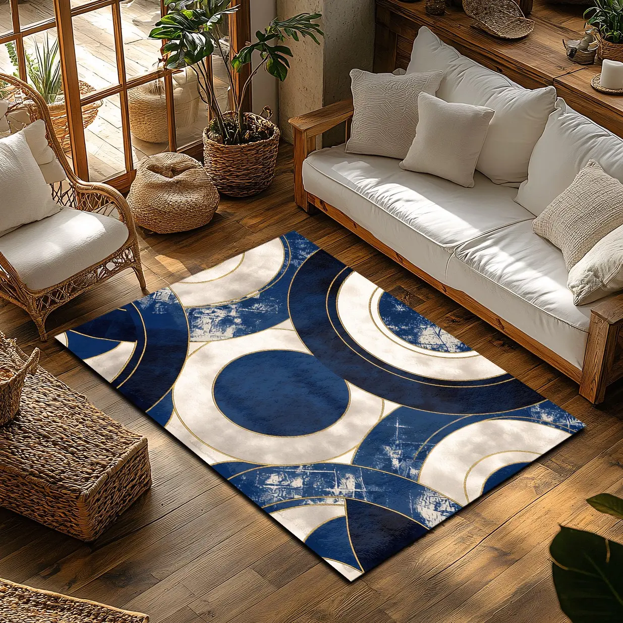 Modern Navy Blue & Gold Geometric Circle Flannel Area Rug - Geometric Design Rug Geometric Pattern Rug Oversized Soft Plush Mat for Living Room & Bedroom, Non-Slip Contemporary Home Decor Home Decorative Rugs #ModernGeometricRug #ContemporaryHomeDecor