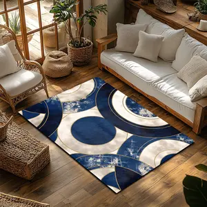 Modern Navy Blue & Gold Geometric Circle Flannel Area Rug - Geometric Pattern Rug Oversized Soft Plush Mat for Living Room & Bedroom, Non-Slip Contemporary Home Decor #ModernGeometricRug #ContemporaryHomeDecor #FlannelMat #NonSlipRug