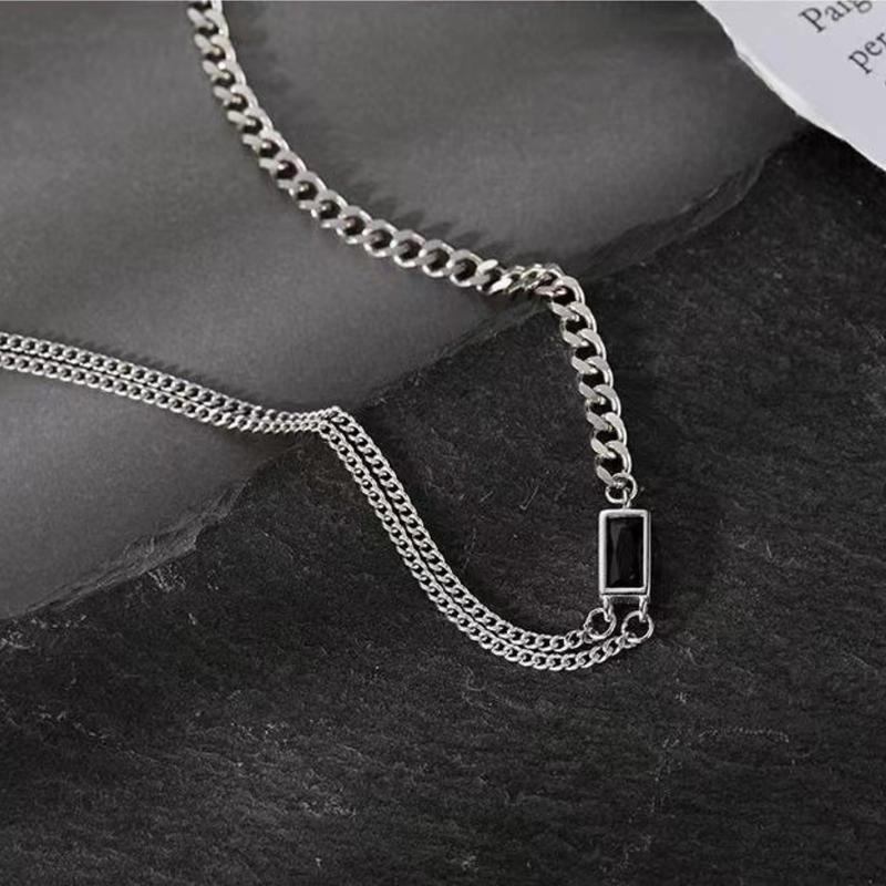 S925 Trendy Synthetic Obisidian Necklace, Stylish and Elegant Chain Jewelry for Women & Men's, Hip Hop Style Unisex Female Birthday Valentine's Day Gift, Dialy Wear and Party Jewelry