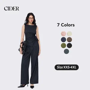 Cider Boat Neck Striped Wrap Knotted Top & Mid Rise Straight Leg Trousers Set– Office & Weekend Casual