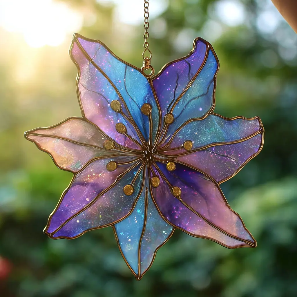 Acrylic window hanger in the shape of a galaxy lily, with a metallic effect.