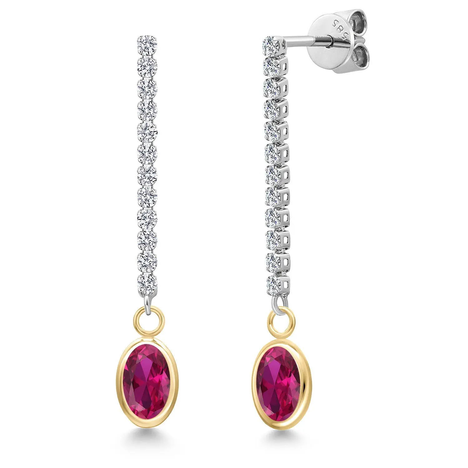Gem Stone King 14K Two Tone Gold Red Created Ruby and Lab Grown Diamond Dangle Earrings for Women | 2.06 Cttw | Gemstone July Birthstone | Oval 7X5MM