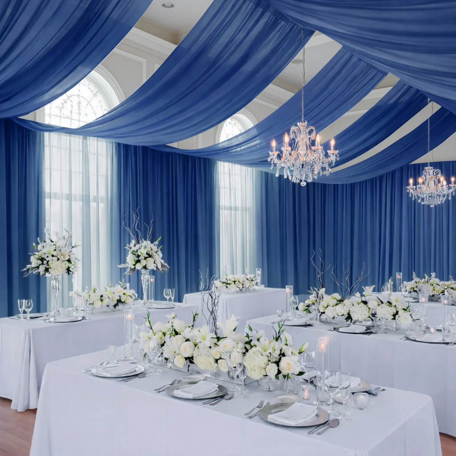 Navy Blue Solid Chiffon Fabric Draped Window Curtain - 5ftx20ft Durable Flame-Resistant Rod Pocket Curtain, Event Decor Photo Booth Backdrop, Restaurant Ceiling Panel