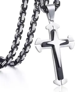 Cross Pendant Necklace Mens Boys Stainless Steel Gold Silver Byzantine Chain 22 24 26 28 30inch