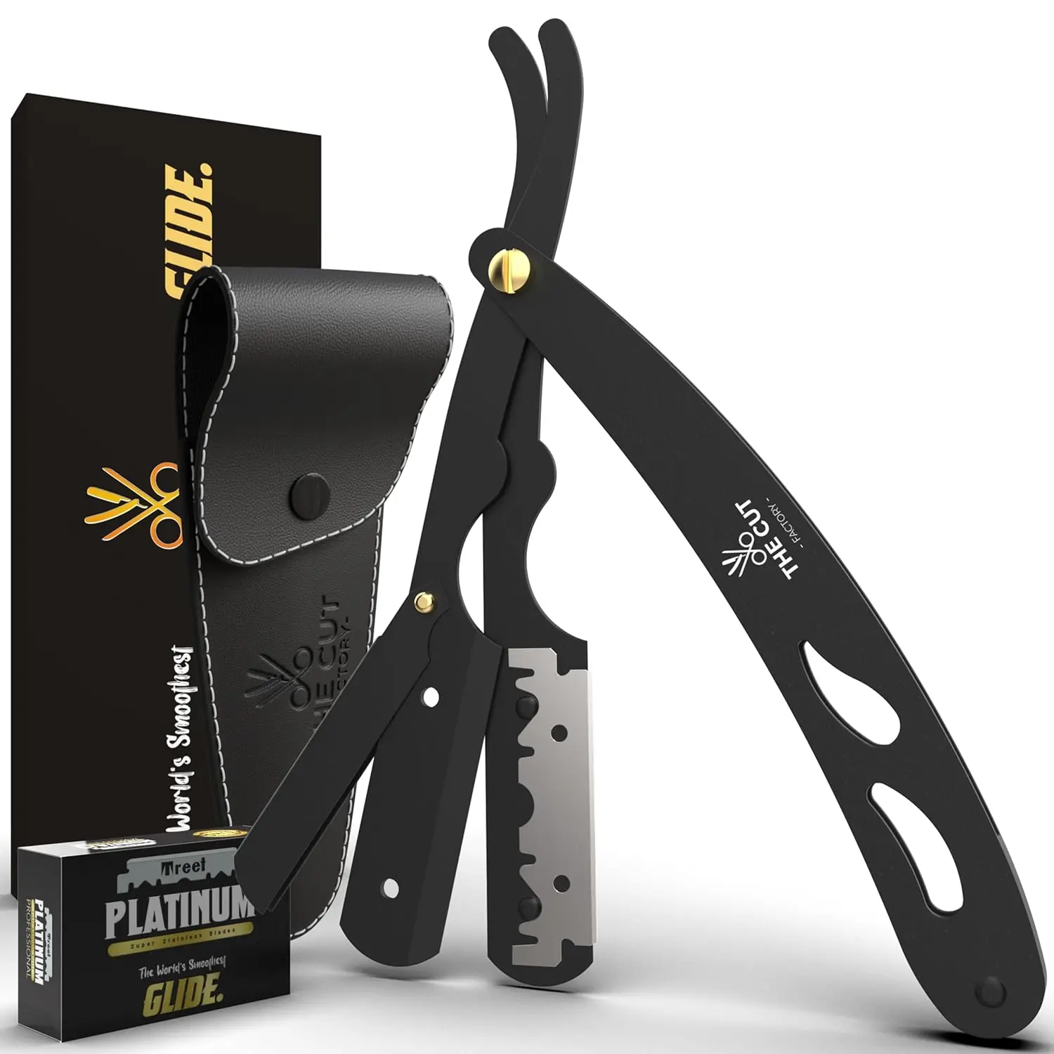 The Cut- Factory- Exquisite Line Straight Razors for Men with Ultra Sharp Single Edge Blades Premium Matte Black Coated Barber Straight Razor with Leather Pouch and Gift Box