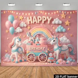 2D Unicorn Birthday Party Backdrop Featuring "HAPPY BIRTHDAY" in the Center, with a Pink Sky and Rainbow Background. A Unicorn Lies on a Cloud to the Left, Two Standing Unicorns to the Right, and a Pink Two-