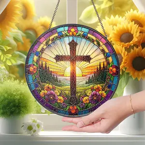 Christian Cross Stained Acrylic Suncatcher Religious Home Decor Christian Window Hanging With Floral Design Memorial Cross Suncatcher