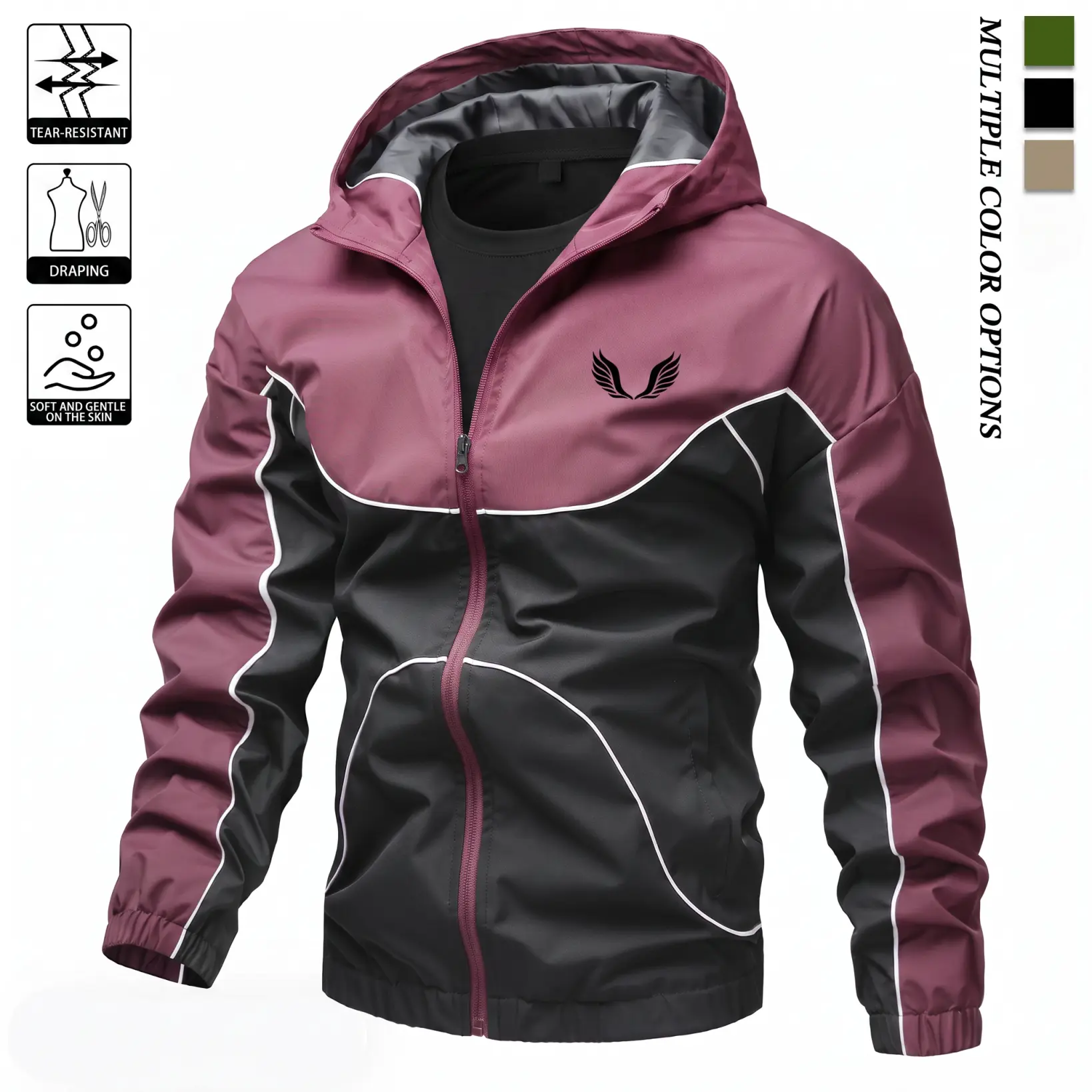 Men’s color-block hooded windproof waterproof jacket, color-block zip lightweight sports jacket, lightweight everyday casual outerwear, multiple color options available, suitable for various sports and leisure outfits.