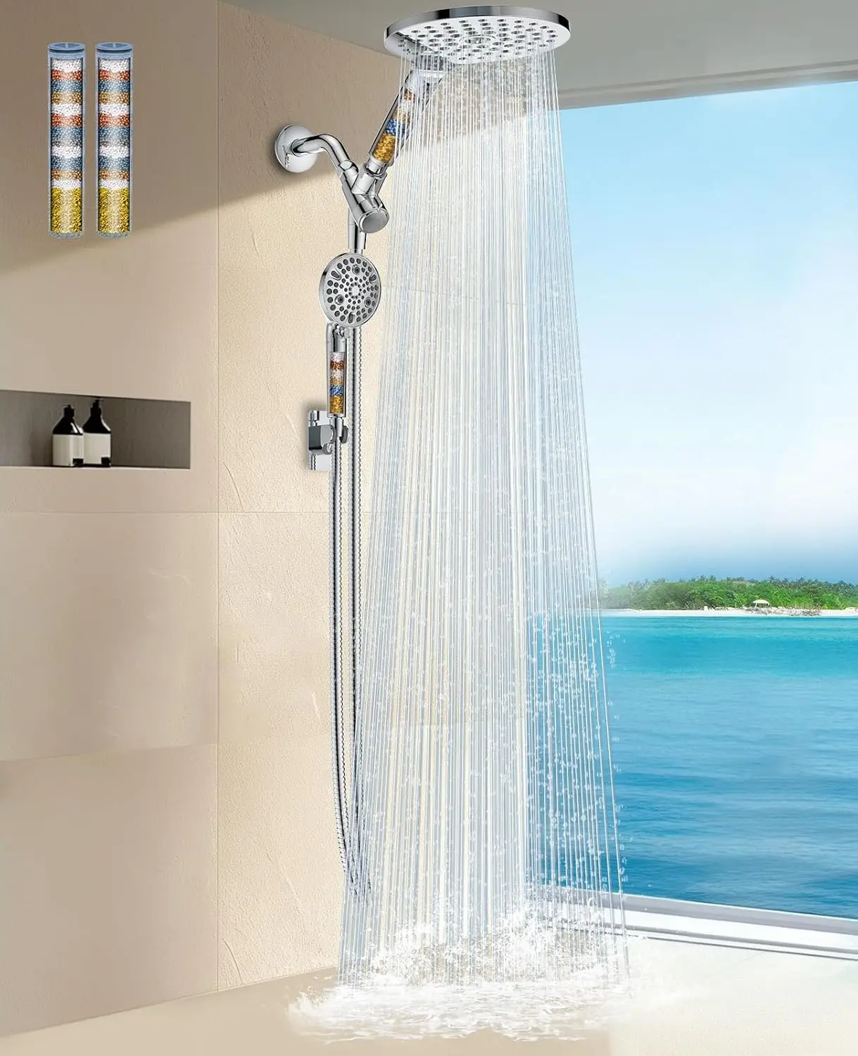 Dual Filtered Shower Heads Combo, High  Rain Shower  with Handheld Spray Built-in Power Wash, Dual Handheld Shower  for Hard Water, Remove Chlorine for Healthier - Chrome