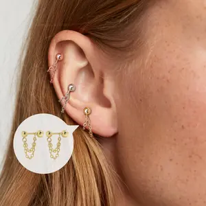 Double Chain Screw Back Earrings, S925 Silver & Gold & Rose Gold Dainty Double Two Chain Link Dangle 20g Studs Cartilage Earrings Multi Piercings Stackable Hypoallergenic Comfort Sleep On Minimalist Everyday Jewelry Gift for Her Women Christmas Birthday