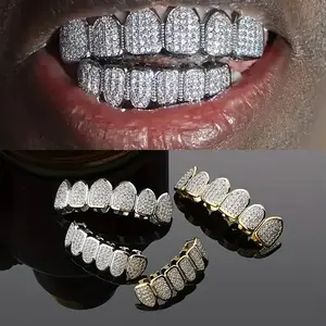 Cross-border popular hip-hop braces copper zircon micro inlaid real gold electroplating non-fading tooth ornaments exaggerated hiphopgrillz