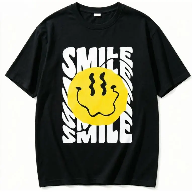 Retro Wavy Smile Face Graphic Tee, Women's Casual Streetwear Round Neck Short Sleeve Breathable Cotton Blend Top