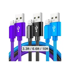 1/3-Pack Nylon Braided Lightning Cables for compatible with iphone 14/13/12/Pro Max/X/XR/XS/8/7/6s/6/iPad, Male to Male USB Charging Data Sync Cord with Matte Finish, 5-10W Power Output, Round Shape - 3.3ft/6.6ft/10ft Options