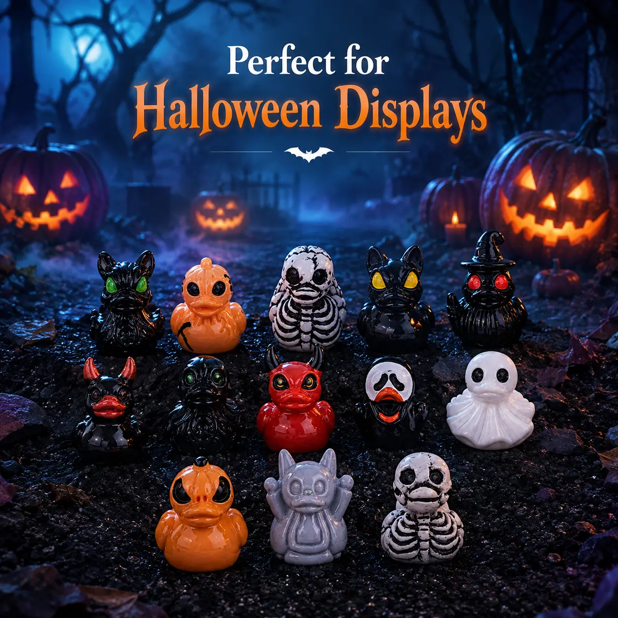 【0.8inch*0.8inch】Halloween Mini Resin Duck Figurines, Random Spooky Styles, Cute Ghost Pumpkin Skeleton Miniatures for Party Favors, Planter, Shelf & Fairy Garden Decor