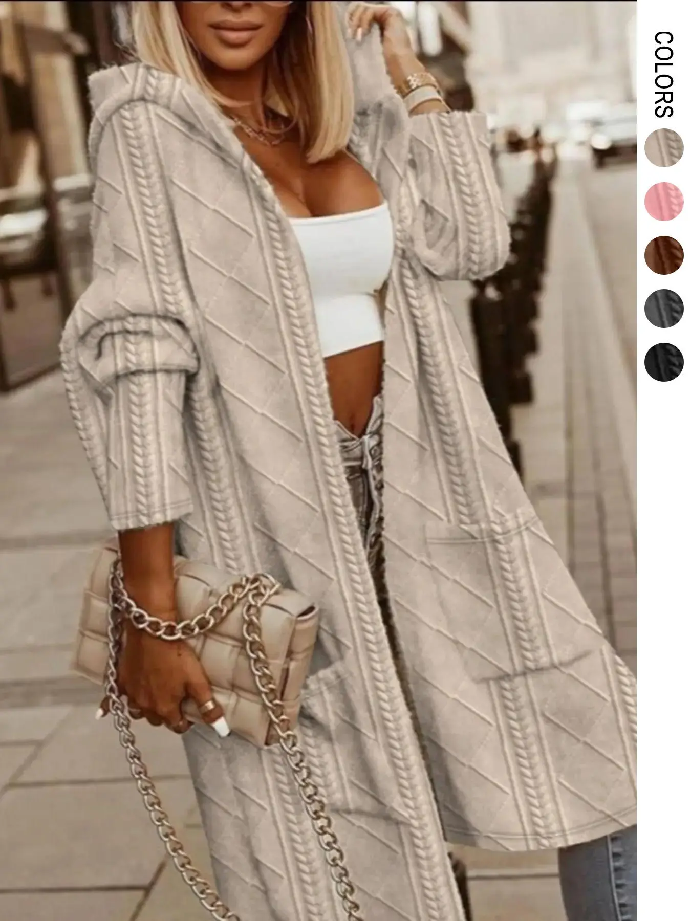 Plus Size Solid Pocket Drop Shoulder Hooded Jacket Coats, Casual Chic Outerwear, Casual Long Sleeve Open Front Outerwear for Fall & Winter, Womenswear for Daily Wear, Valentine's Day Gift