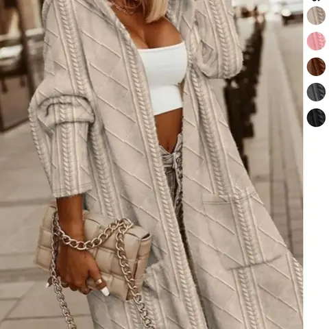 Plus Size Solid Pocket Drop Shoulder Hooded Loose Fashion Jacket Coats, Casual Long Sleeve Open Front Outerwear for Fall & Winter, Womenswear for Daily Wear, Valentine's Day Gift