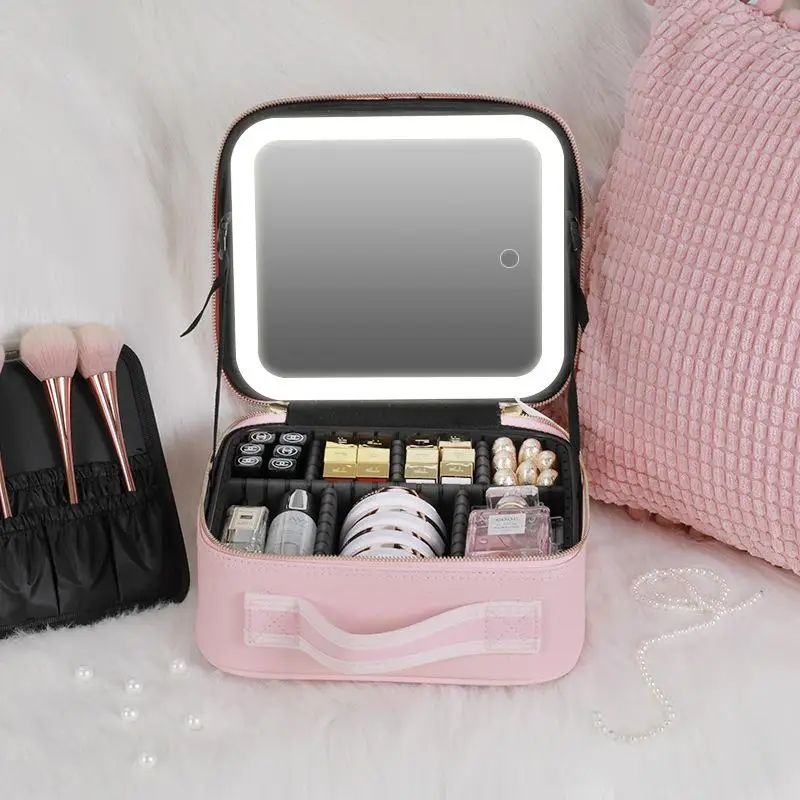 Travel Makeup Bag with LED Lighted Mirror, 1 Count Adjustable Brightness Waterproof Cosmetic Train Case Organizer with DIY Dividers, Toiletry Storage