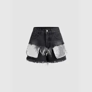 Cider [size 0-10] Denim High Waist Patched Sequin Raw Hem Shorts