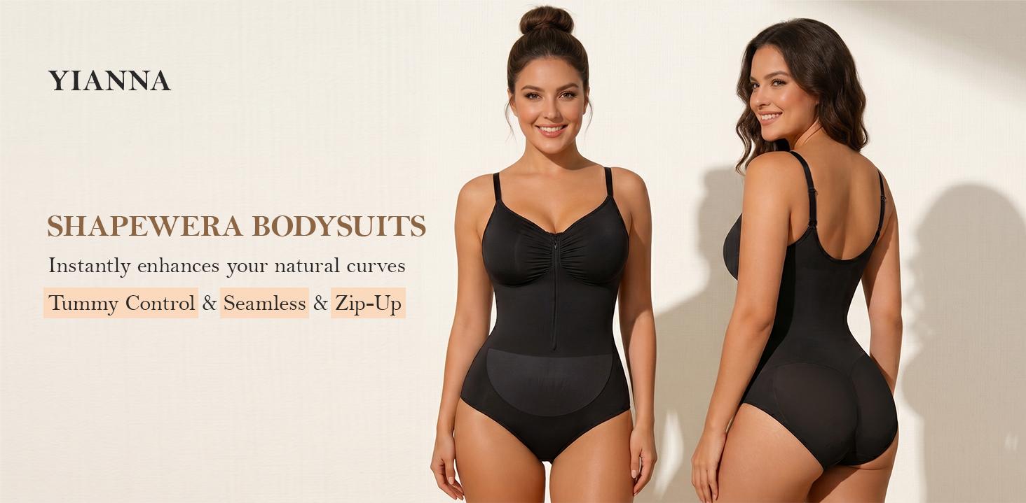YIANNA #Livestream Women Fajas Shapewear Seamless Bodysuit Brief-Style Double-Layer Tummy Control Zip-Up Body Shaper Waist Defining Silhouette