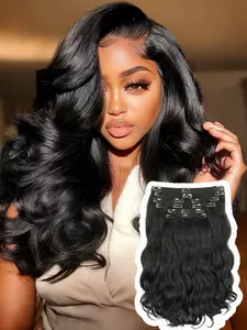 8pcs Yaki Curly Clip-In Extensions, Kinky Straight for African Women, Natural, Invisible Seamless, Medium Length, All Seasons, Kinky Straight Bundles