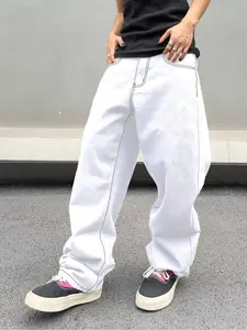 Men's Classic Street-Style Wide-Leg, Loose, Plain White Jeans with Topstitching Details, Featuring three-dimensional tailoring, simple yet distinctive, suitable for all body types for daily wear and casual activities Streetwear