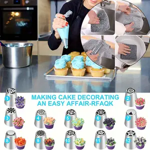 28Pcs Russian Piping Tips Cake Decorating Kit, DIY Baking Supplies Set For Cupcake Biscuits Birthday Party, Include 12pcs Russian Nozzle, 10pcs Disposable Piping Bags, 2pcs Leaf Piping Tips, 2pcs Coupler And 1pc Silicon Bag, Baking Tools