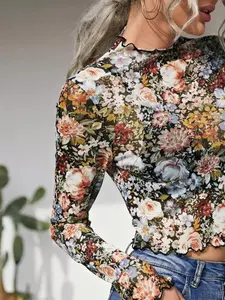 Floral Print Mesh Top, Slim-Fitting Elastic Fabric, Ideal for Everyday Wear, Comfortable & Stylish Design, Perfect for Layering