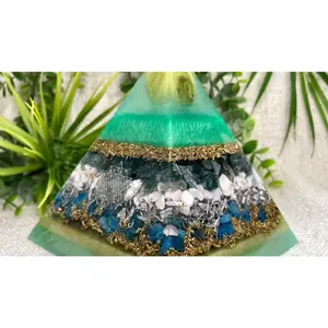 GEMINI - Astrology Edition - Orgonite Pyramid - EMF Protector - Serpentine, Moss Agate, Howlite, Blue Apatite, Brass and Aluminum Metals