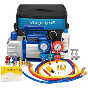 VIVOHOME HVAC Vacuum Pump and AC Manifold Gauge Kit, A2L Refrigerant Compatible, Sparkless Motor for R32 R1234yf R454B R134a R22 R410a Systems, Automotive Conditioning Air Conditioner Maintenance Portable