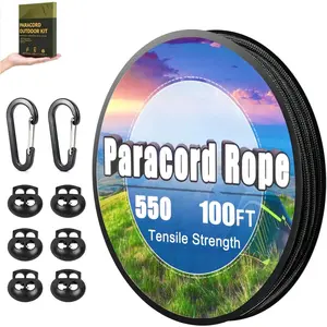 Paracord Rope, Paracord Kit with Carabiner Clips and Cord Locks, Black 100FT Nylon Rope Accessories for Craft Projects, Camping, Hiking, Outdoor