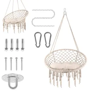 330 lbs Handwoven Hanging Hammock Chair with O-Ring Frame, Cotton Rope Swing Chair with Cushion & Hardware Kit, Boho Hanging Chair for Bedroom, Balcony, Patio, Garden, Porch, Indoor & Outdoor Use, Beige