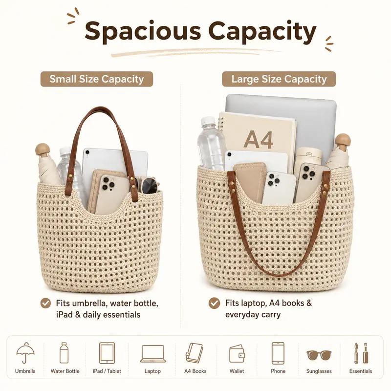 Crochet Tote Bag for Women, Hollow Out Knitted Mesh Shoulder Bag with Faux Leather Handles, Summer Beach Bag, Boho Woven Purse for Travel, Vacation, Shopping & Daily Use, Lightweight Casual Tote, Everyday Carry Bag