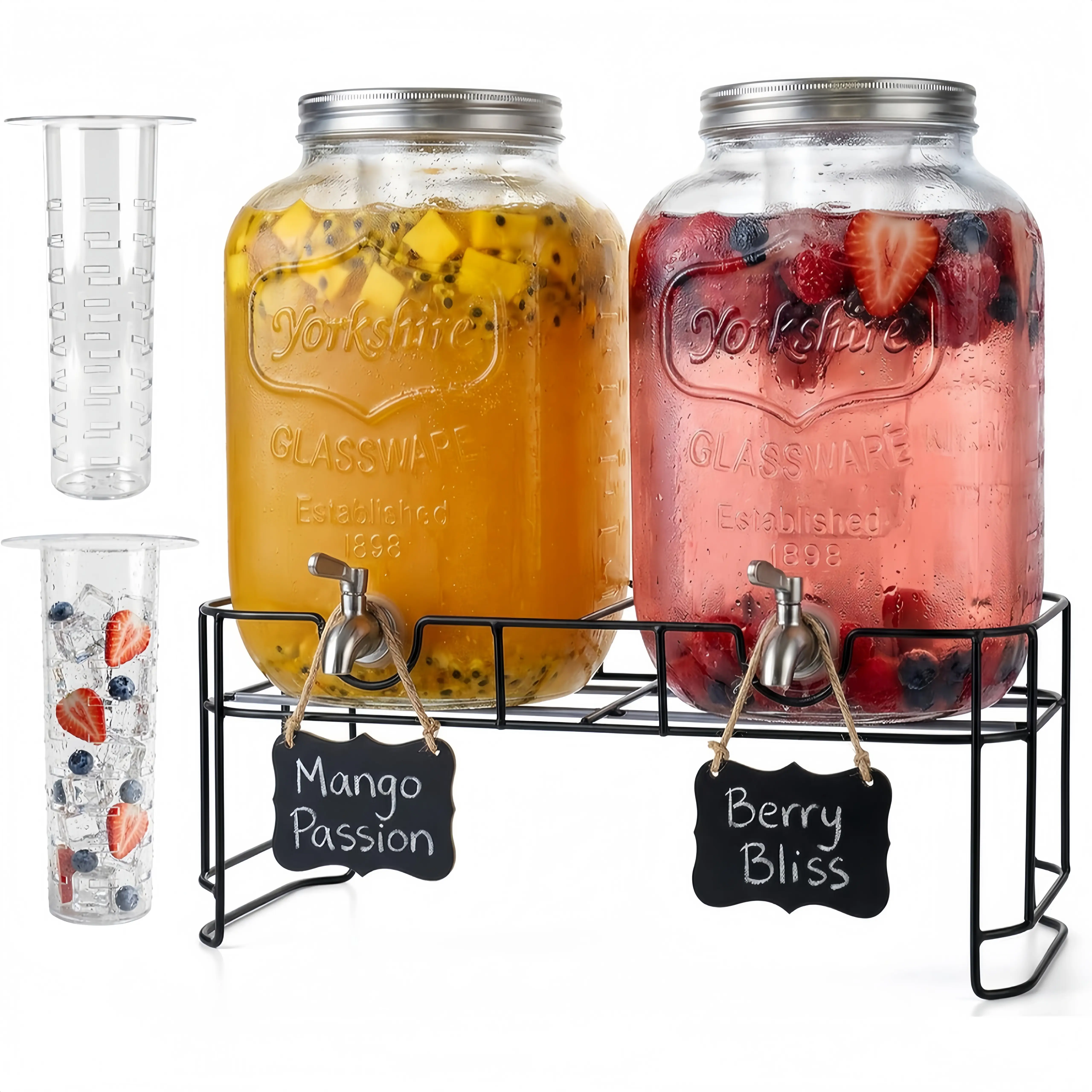 2pcs 1 Gal Food-Grade Glass Juice Dispenser with Spigot Tap & Airtight Double-Barrel System Suitable for Home, Commercial Beverage Jars for Juice, Tea, Infusions, Drink Storage, Spigot Tap for Cafes, Restaurants, Pantry