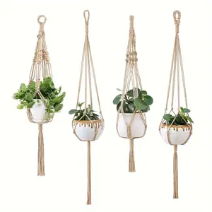Boho Style 4-Pack Macrame Plant Hangers Set – Polyester Indoor Hanging Planter Holders with Versatile Lengths for Home & Garden Decor – No Feathers, Electricity-Free