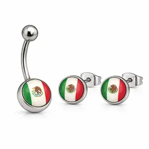 Mexico Flag Combo - Stainless Steel Belly Button Ring & Silver Earrings Set with Flag Design