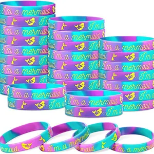 24 Pcs Kids Mermaid Silicone Bracelets, Marble Rubber Bands, Ocean Theme Party Gifts, Birthday Favors, Classroom Rewards