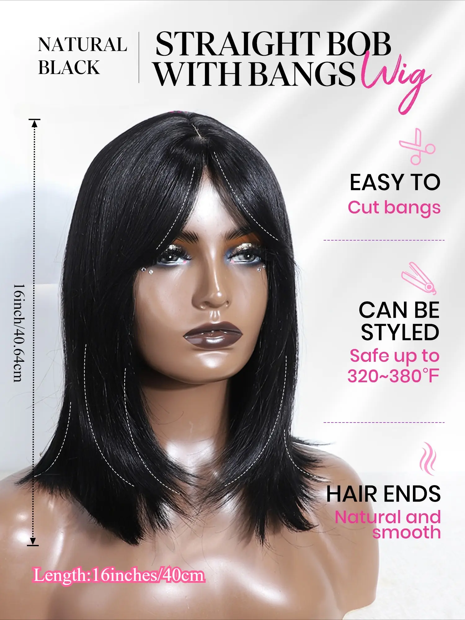 Straight Human Hair Wig with Bangs Layered Glueless Wear and Go 16 Inch Gktineke Long straight layered glueless synthetic smooth wig  main image 2
