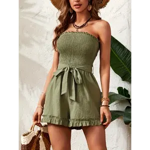 Delicate Ruffle Hem Shirred Tube Romper - Feminine Sleeveless Jumpsuit with Adjustable Tie Waist for Comfortable Summer Wear - Womens Elegant Clothing Fabric Womenswear