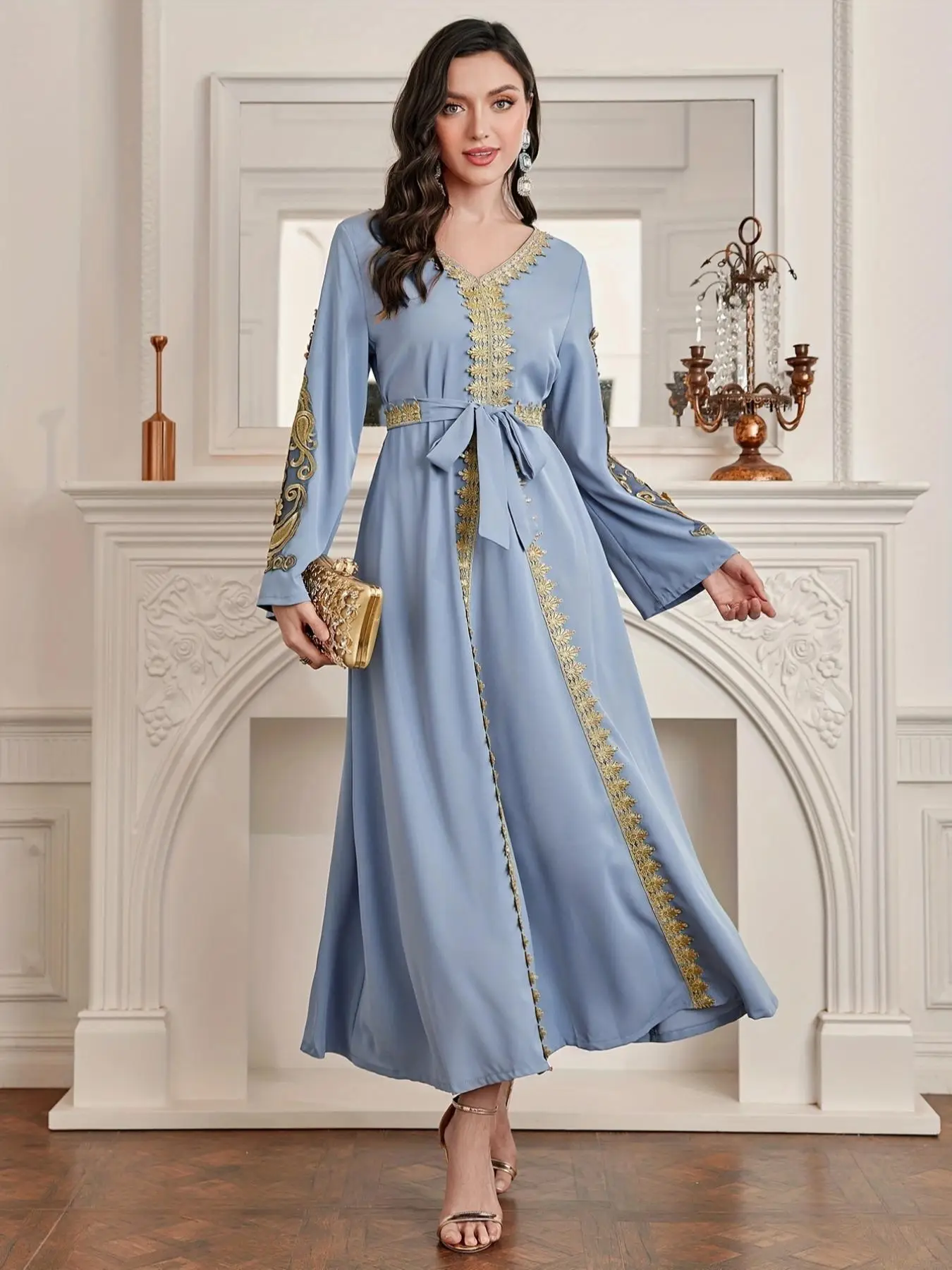 Women's Appliques Contrast Lace Belted V Neck A Line Dress, Elegant Flounce Sleeve Arabian Dress for Daily Outdoor Wear, Islamic Clothing for Spring F