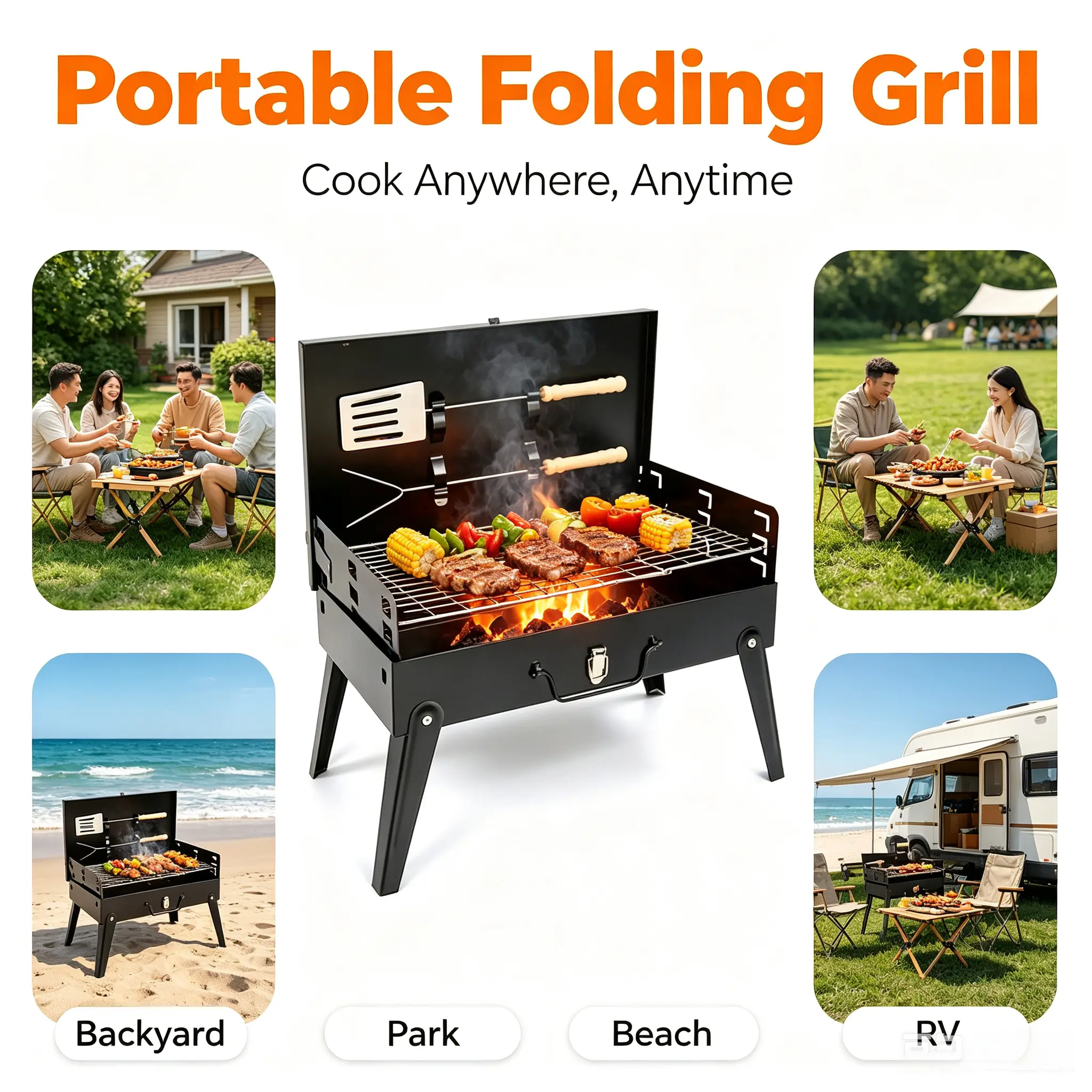 6-Piece Lightweight Compact Foldable Charcoal Grill Set - Heat-Resistant Durable Outdoor BBQ Equipment with Spit Roast, Fork, Shovel, Easy Assembly, Portability Focus for Camping, Picnic Use by BBQ Enthusiasts