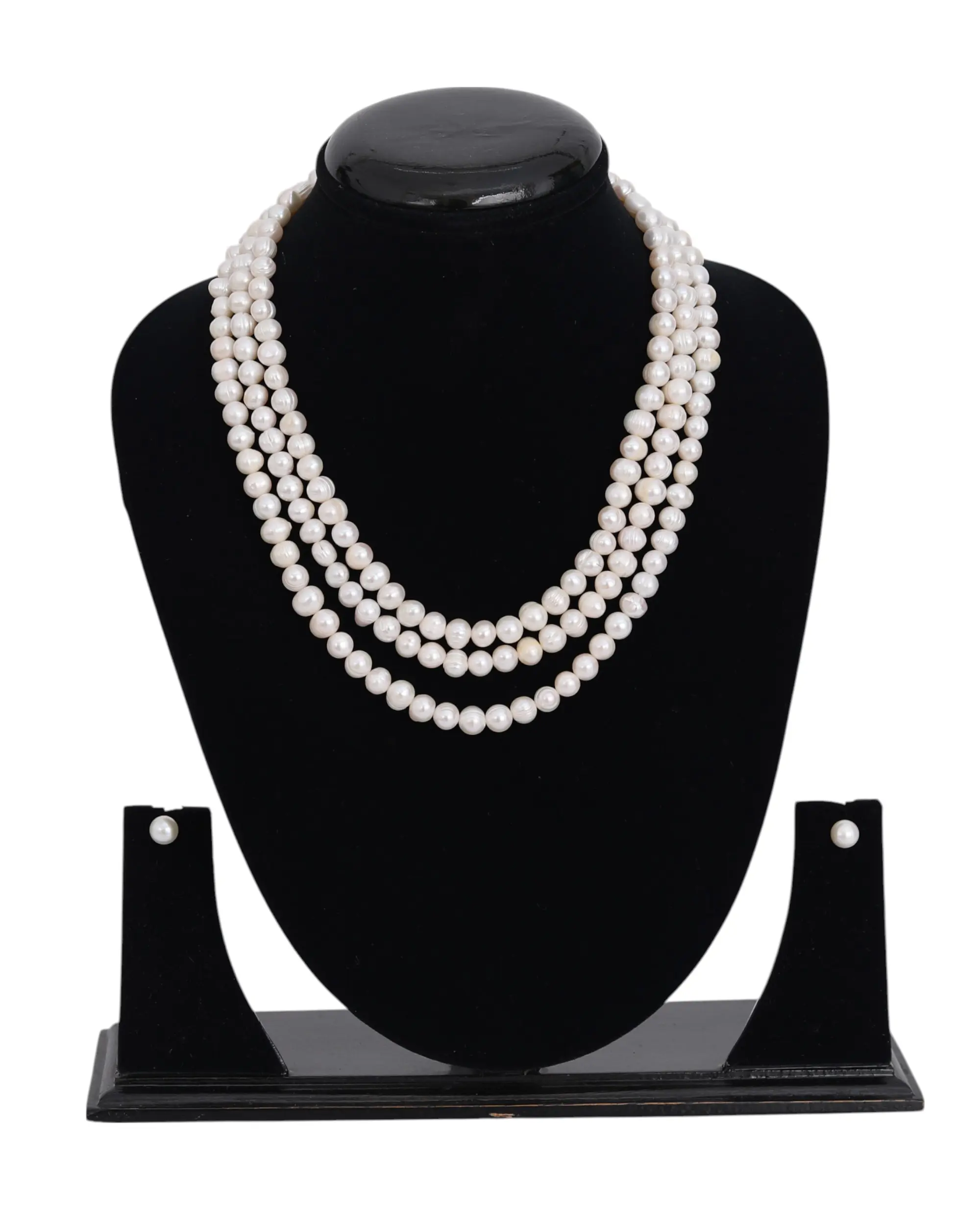 Classic Freshwater Pearl Necklace – Triple Strand with 9-Inch Longest Layer and Earrings