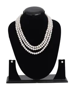 Classic Freshwater Pearl Necklace – Triple Strand with 9-Inch Longest Layer and Earrings