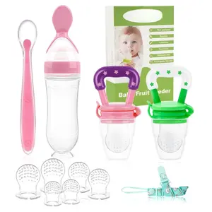 Mothers Day Gift Baby Fruit Feeder Pacifier - 5 Pack | 2 Mesh Infant Food Feeder Pacifier & 1 Baby Food Dispensing Spoon | Fresh Fruit Teethers for Babies |Shower Gifts for Boys and Girls (Pink & Green)