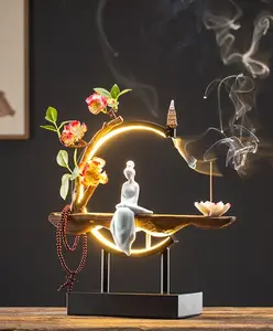 Ceramic Zen Lady Backflow Incense Burner - LED Moon Lamp with Mesmerizing Smoke Waterfall, Dual-Use Cone & Stick Incense Holder for Aromatherapy & Home Decor whimsical