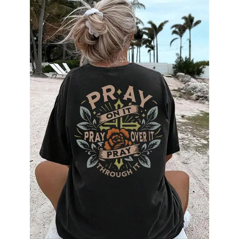 Women'S Floral & Letter Print Drop Shoulder Tee, Casual Half Sleeve Round Neck T-Shirt For Summer, Women'S Top For Daily Wear T-Shirt For Men And Women.,clothes for back to school,first day of school outfits