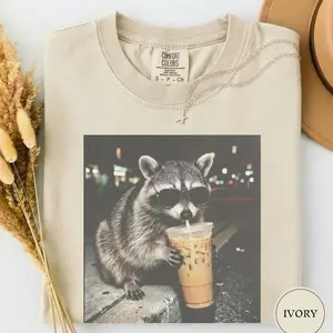 Comfort Colors Funny Raccoon Drinking Iced Coffee Shirt, Animal Meme Graphic Tee, Silly Novelty Shirt, Sarcastic Meme Gift, Funny Shirt Women Men JB