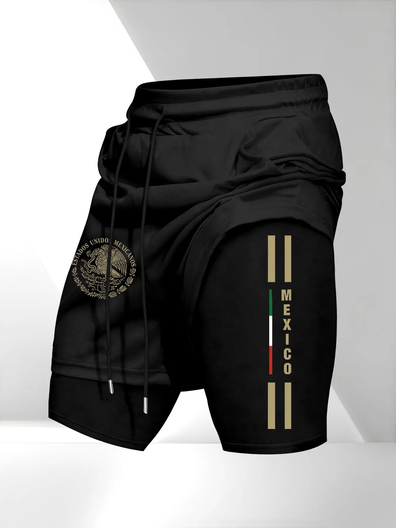 Men's Drawstring Pocket Waistband Daily Casual Shorts, Mexican Emblem Print, Comfortable Breathable Fabric, Durable Material, Perfect Gift