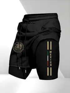Men's Drawstring Pocket Waistband Shorts, Mexican Emblem Print, Comfortable Breathable Fabric, Durable Material, Perfect Gift