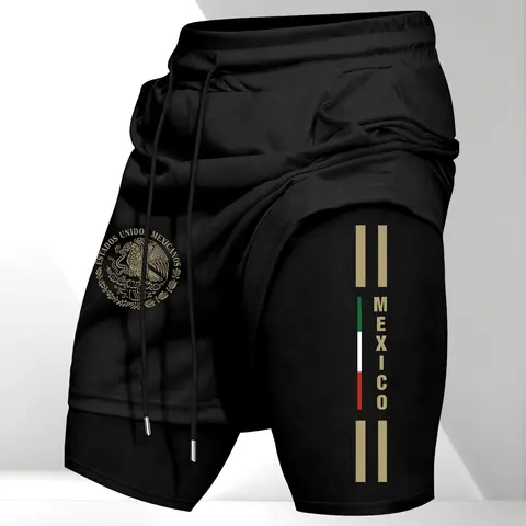 Men's Drawstring Pocket Waistband Daily, Sports Drawstring Shorts, Mexican Emblem Print, Comfortable Breathable Fabric, Durable Material, Perfect Gift